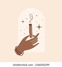 Hand holds stick of sacred tree Palo Santo, exuding fragrance. Latin American incense for meditation. Mystical symbol for spiritual practices, ethnic magic. Vector illustration in minimalist style.