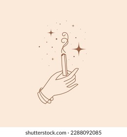 Hand holds stick of sacred tree Palo Santo, exuding fragrance. Latin American incense for meditation. Mystical symbol for spiritual practices, ethnic magic. Vector illustration in linear style.