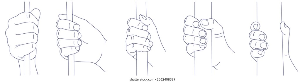 Hand holds a stick from thin to thick in various positions. Contour vector illustration set. Index, middle, ring, little fingers and thumb