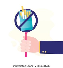 Hand holds stop sign, giving up smoking addiction. Big pack of cigarettes. Stop smoking. Prohibition of tobacco products. Healthy lifestyle. To give up smoking. Social issues. flat vector illustration