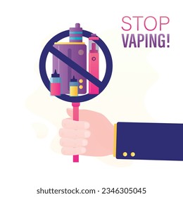 Hand holds stop sign, giving up e-cig smoking addiction. Big pack of e-cigarettes. Stop vaping. Prohibition of electric cigarette. Healthy lifestyle. To give up vaping. Social issues. flat vector