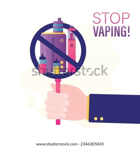 Hand holds stop sign, giving up e-cig smoking addiction. Big pack of e-cigarettes. Stop vaping. Prohibition of electric cigarette. Healthy lifestyle. To give up vaping. Social issues. flat vector