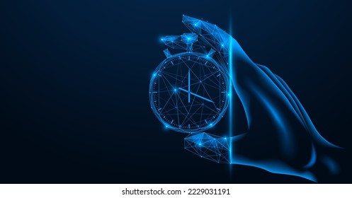 Hand holds a stopwatch. Polygonal design of lines and dots. Blue background.