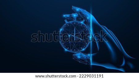 Hand holds a stopwatch. Polygonal design of lines and dots. Blue background.