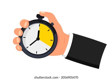 Hand holds a stopwatch. Time management concept. Countdown of stopwatch. Timer in hand vector illustration flat style. Deadline, punctuality, stop time on competition, start work, interval control