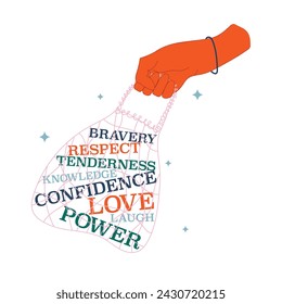 Hand holds a string bag. There are motivational words in the string bag. Vector graphic.