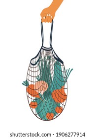 The hand holds a string bag with various vegetables. Stylish mesh shopping carrying accessory, eco-friendly mesh grocery bag. Flat vector cartoon illustration.