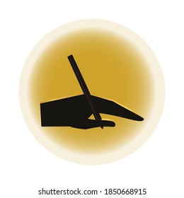 Hand holds a stylus. The icon indicates a drawing on a graphics tablet. The concept of using the accessory as intended. Vector flat style illustration. Round gold background. Can be used for buttons