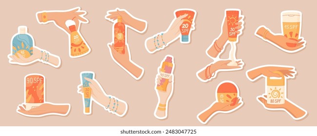 Hand holds sunscreen product sticker collection, vector skin protection cream tube or sunblock cosmetic container, flat hand squeeze uv block lotion product, isolated spf oil bottle sunscreen pack.