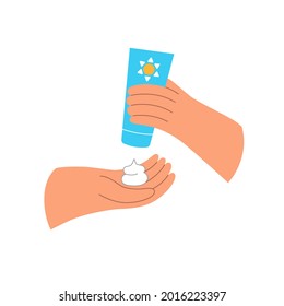 Hand holds sunscreen. Sun cream. Sun protection. Skin care. Vector flat illustration isolated  on white background. 