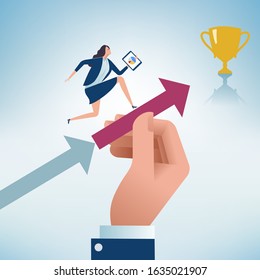 Manager‘s hand holds support leading to the trophy. Business vector concept illustration