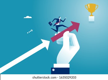 Manager‘s hand holds support leading to the trophy. Business vector concept illustration