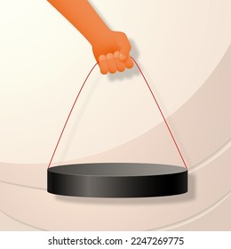 The hand holds a suspended podium for the presentation of your product.