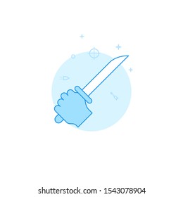 Hand holds a sword vector icon. Flat illustration. Filled line style. Blue monochrome design. Editable stroke. Adjust line weight.