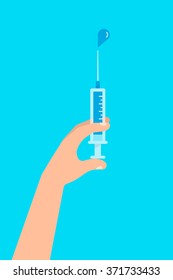 A Hand holds a syringe with a injection. A drop of a vaccine on the end of a needle. Healthcare concept. Isolated vector illustration flat design.