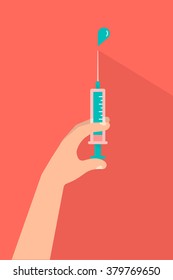 A Hand holds a syringe with an injection. A drop of a vaccine on the end of a needle. Healthcare concept. Isolated vector illustration flat design.