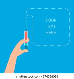 A Hand holds a syringe with a injection. Healthcare concept. Place for your text. Template for your design. Isolated vector illustration flat design.