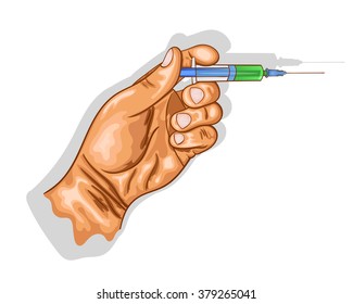 hand holds the syringe with the vaccine. vector.