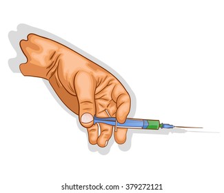 hand holds the syringe with the vaccine. vector.