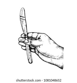 the hand holds a table knife. vector sketch