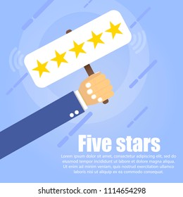 A hand holds a table where five golden stars on a blue background. Below it is written the text "Five stars".