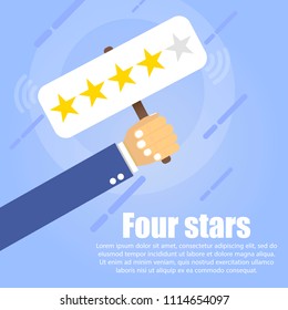 hand holds a table where four golden stars on a blue background. Below it is written text.