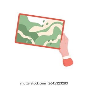 Mão segura um tablet exibindo um mapa. Um personagem usa um dispositivo digital para desenhar e navegar. Esta ferramenta simples melhora a experiência do usuário, ideal para comunicação, aplicativos e tecnologia moderna.