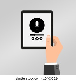 Hand holds tablet with music player, podcast. Media player app on touchscreen. Vector illustration in flat style