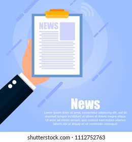 The hand holds the tablet with news on a blue background. Below text is written.