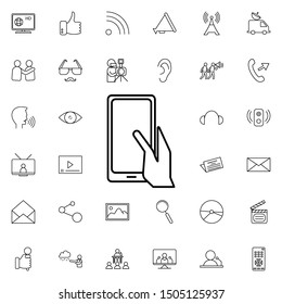 Hand holds a tablet nolan icon. Elements of media, press set. Simple icon for websites, web design, mobile app, info graphics