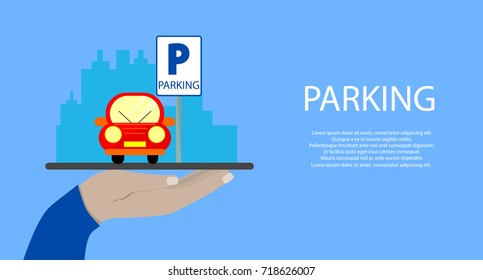 Hand holds a tablet with Parking service mobile app. Concepts for Searching nearest Parking. Vector flat illustration.