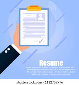The hand holds a tablet from a person's resume with a photo on a blue background. Below text is written.
