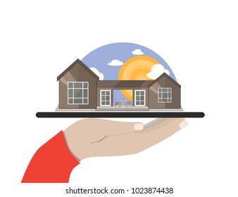Hand holds a tablet with Sea Side, Mountain Side Summer Landscape With House. Vector flat illustration.