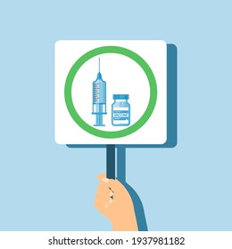 A hand holds a tablet with syringe and vaccine vial icons in a green permitting circle. Vaccination supporters concept, immunization. Vaccination against coronavirus. Vector illustration.