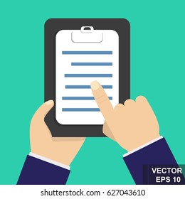 The hand holds the tablet with a to-do list. Flat vector style.