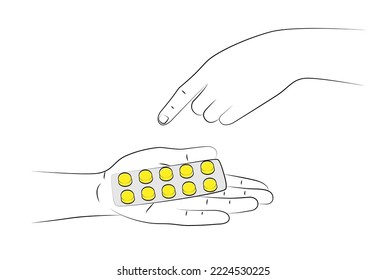 La mano contiene los comprimidos en un blister. Indique los dedos de las pastillas. Concepto médico, de tratamiento y de salud. Ayuda en farmacia, medicamentos. Elección entre tomar o no tomar píldoras. Esbozo lineal