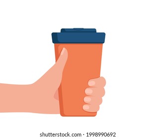 Hand holds takeaway coffee in reusable mug. Bring your own cup. Take away drink. Coffee to go. Vector illustration