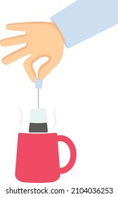 
A hand holds a tea bag over a cup of boiling water.
Vector element for design in flat style.