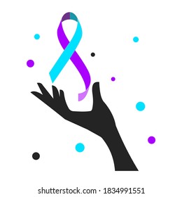Hand holds a Teal Purple suicide awareness ribbon. Flat style illustration. Isolated.