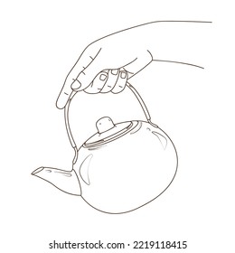 Hand holds a teapot for brewing tea. Serve tea. Close-up of metal kettle. Utensil for kitchen. Use for menu design, recipes, kitchen goods logo, sticker, website. Pot for boiling water. Sketch