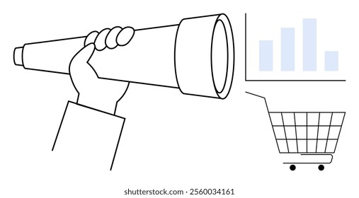 Hand holds a telescope observing bar graph above shopping cart. Ideal for market analysis, economic trends, business forecasting, sales strategy, and data observation. Minimalistic line art style