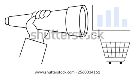 Hand holds a telescope observing bar graph above shopping cart. Ideal for market analysis, economic trends, business forecasting, sales strategy, and data observation. Minimalistic line art style