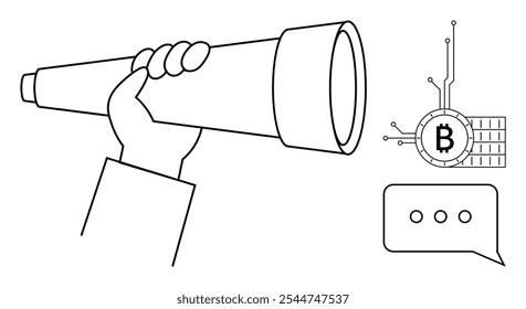 Una mano sostiene un telescopio, observando un símbolo de criptomoneda de Bitcoin conectado a circuitos. También hay una burbuja vacía del habla. Ideal para temas financieros, criptomonedas, blockchain, tecnología del futuro