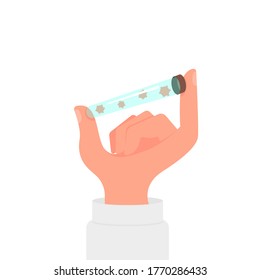 A hand holds a test tube with cells, viruses, germs, bacteria. Concept: medical development, biological discovery. Vector illustration isolated on white background, flat cartoon design, eps 10.