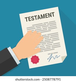 A hand holds a testament on a blue background with long shadow in a flat design style
