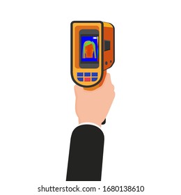 Die Hand hält die Thermal-Scanner-Kamera Infrarot. Tragbare Visualisieren Sie Temperaturunterschiede Thermometer, thermographisch für die Umwelt und Menschen. Vektorillustration einzeln