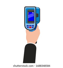 Hand holds Thermal scaner camera infrared. Portable Visualize temperature differences thermometer, thermographic for the environment and people. Vector illustration isolated