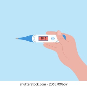 Hand holds thermometer. Electronic device shows high body temperature. Person got sick and has fever. Vector top view flat illustration.