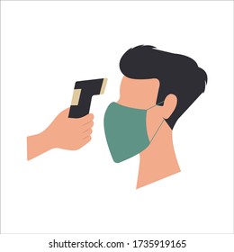 A hand holds a thermometer, measures the temperature of a man. Vector illustration, flat cartoon design, eps 10.