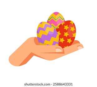 Hand holds three decorated Easter eggs against a white background, in a flat vector style. Stock illustration